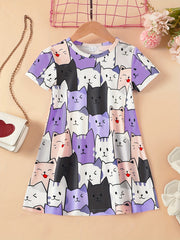 Girls Cartoon Cat Sleeveless Dress for Summer Holiday