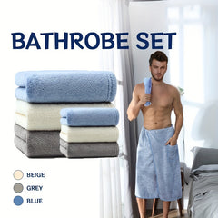 2pcs Men's Microfiber Bathrobe & Hand Towel Set Quick Drying