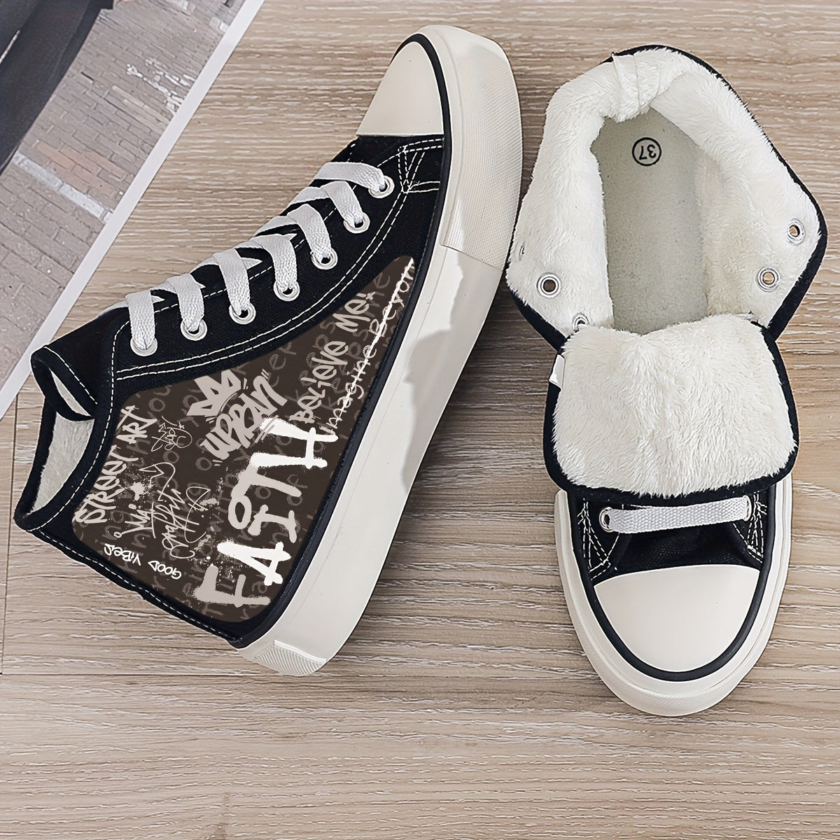 Faith Graffiti Print Plush Lined Chunky Canvas Sneakers