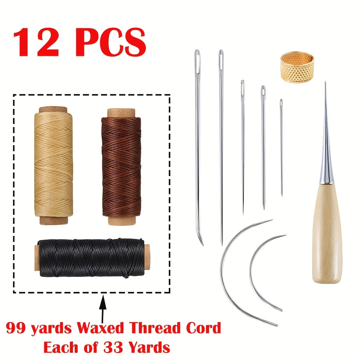 12pcs Leather Sewing Kit w/ 33 Yards Waxed Thread Cord & Large Eye Needles