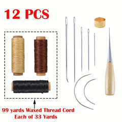 12pcs Leather Sewing Kit w/ 33 Yards Waxed Thread Cord & Large Eye Needles
