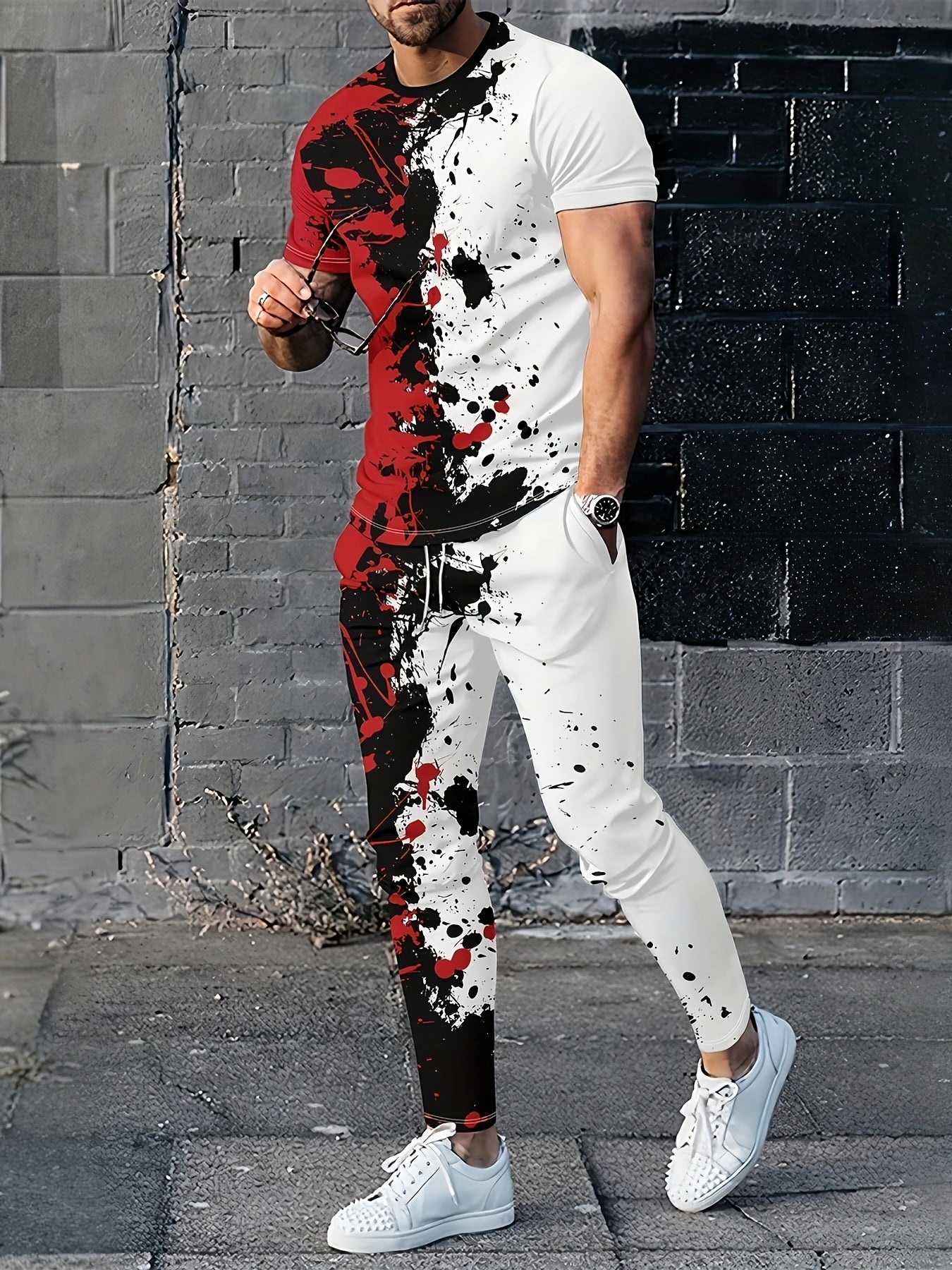 Colorful Paint Pattern 2 Piece Outfit Short Sleeve T-shirt & Drawstring Sweatpan
