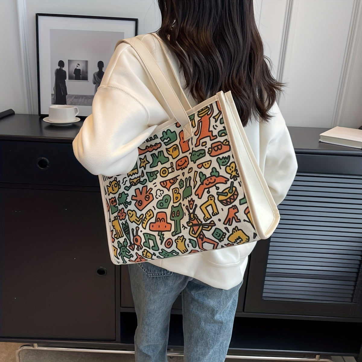 Cartoon Print Tote Bag Large Capacity Canvas Handbag Women's Casual Shoulder Bag