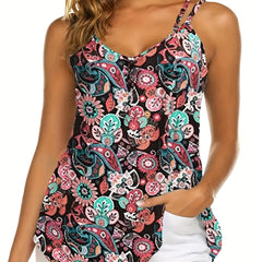 Boho Cami Top Women's Plus Paisley Print Split Strap Cut Out Cami Top