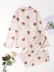 Bear Print Pajama Set Long Sleeve Top & Pants Women's Sleepwear