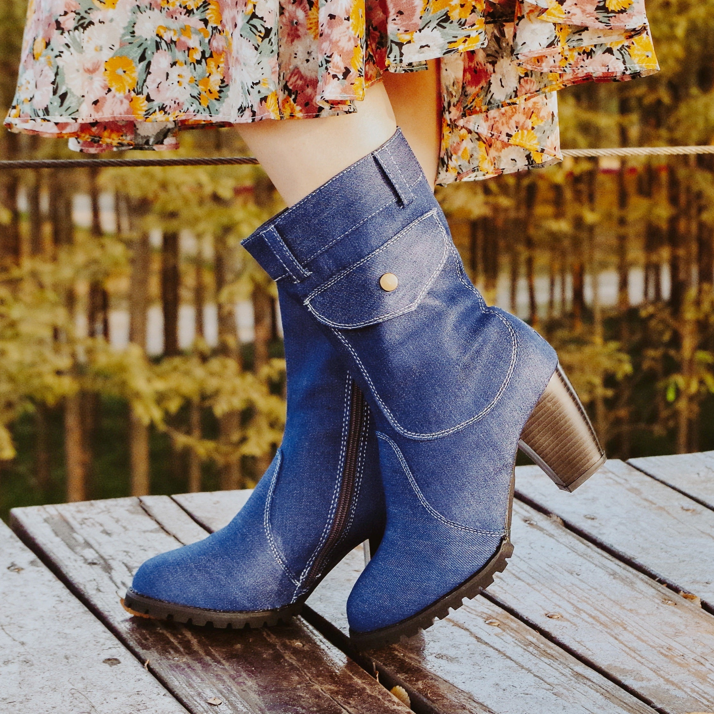 Women's Denim Mid Calf Boots Side Zipper Chunky High Heeled Boots