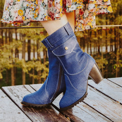 Women's Denim Mid Calf Boots Side Zipper Chunky High Heeled Boots