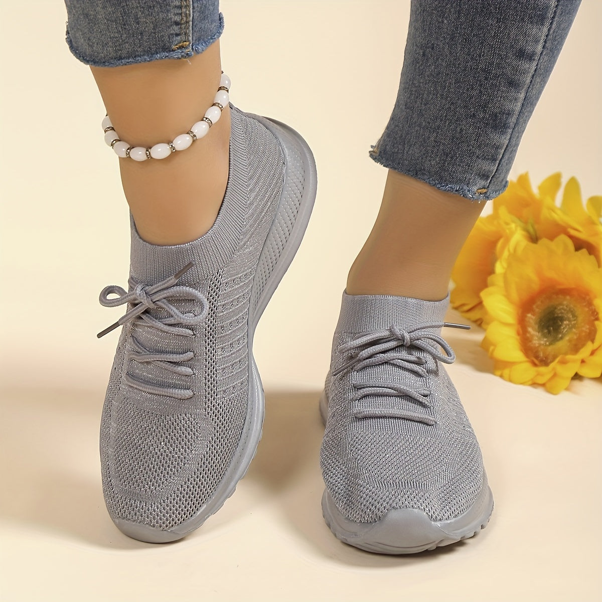 Women's Solid Knit Walking Shoes Lace Up Gym Athletic Sneakers