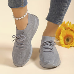 Women's Solid Knit Walking Shoes Lace Up Gym Athletic Sneakers