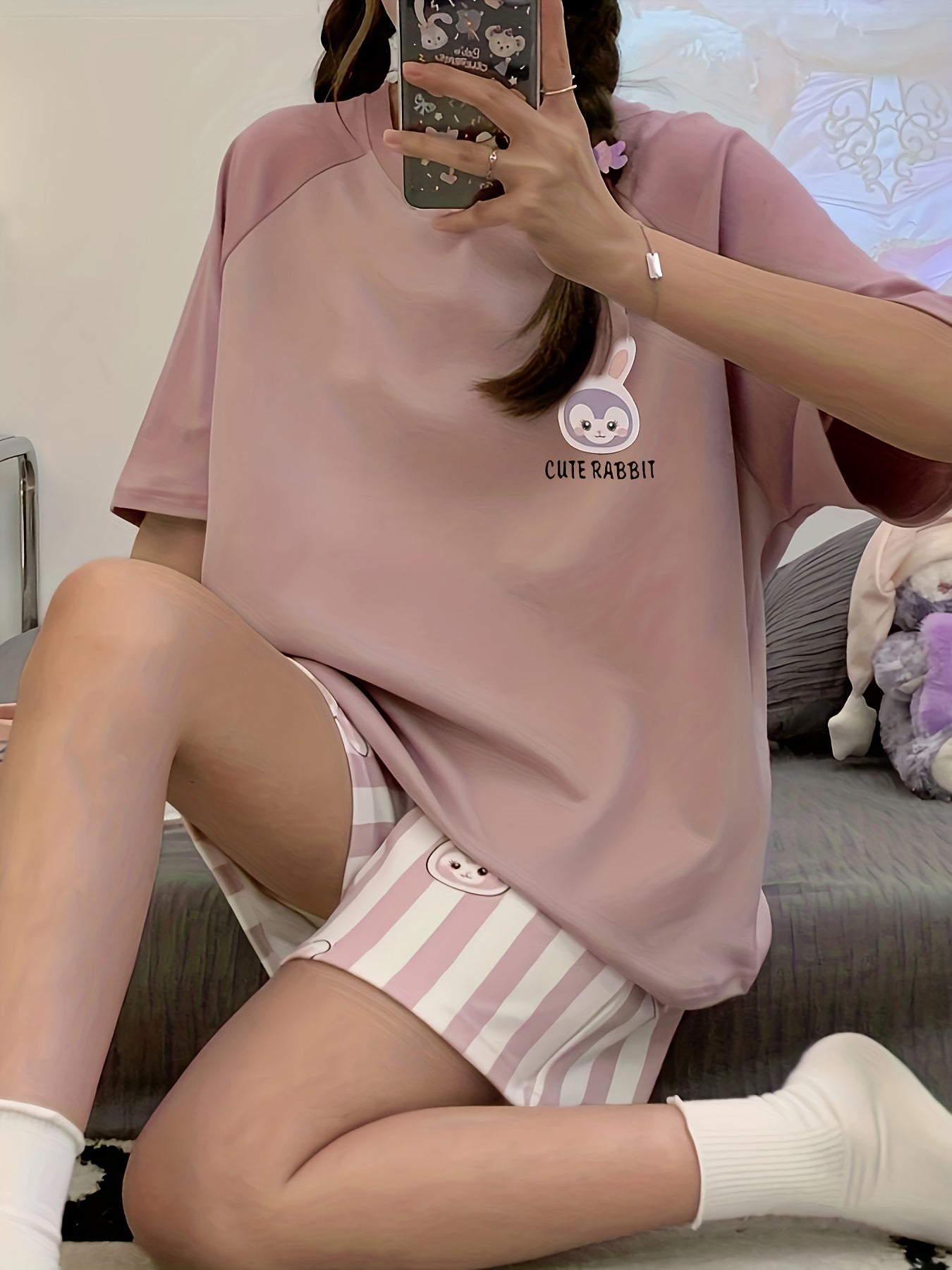 Bunny Print Pajama Set Short Sleeve Top & Striped Shorts Women's Sleepwear