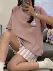 Bunny Print Pajama Set Short Sleeve Top & Striped Shorts Women's Sleepwear