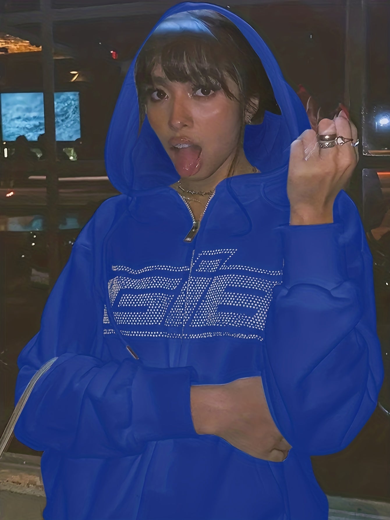 Solid Letter Print Drawstring Long Sleeve Hoodie