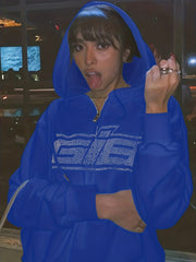 Solid Letter Print Drawstring Long Sleeve Hoodie