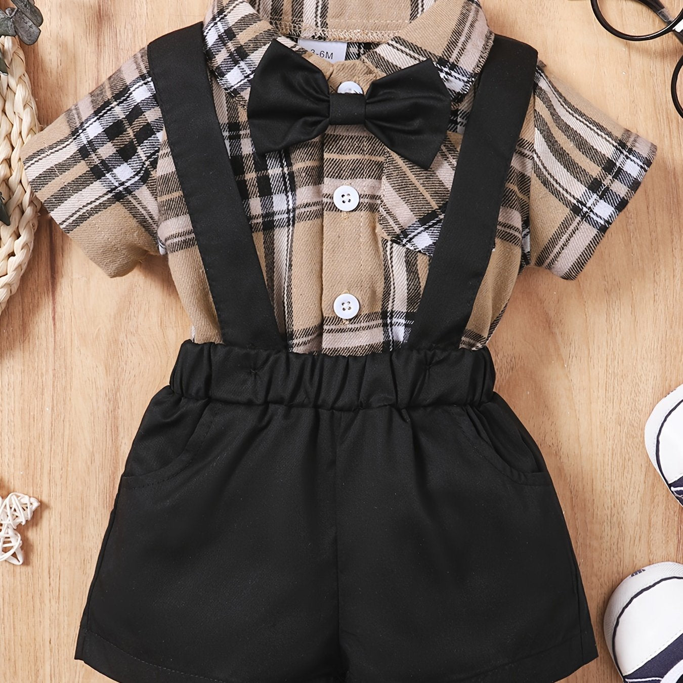 2pcs Baby Boys Plaid Bowtie Shirt & Suspender Shorts Gentleman Outfit