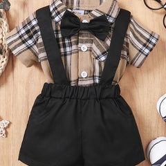 2pcs Baby Boys Plaid Bowtie Shirt & Suspender Shorts Gentleman Outfit