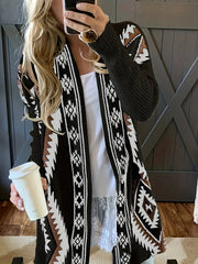 Ethnic Pattern Open Front Cardigan Casual Long Sleeve Mid Length Cardigan