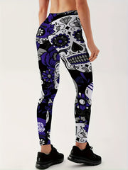 Halloween Leggings Women's Skull & Floral Print High Rise