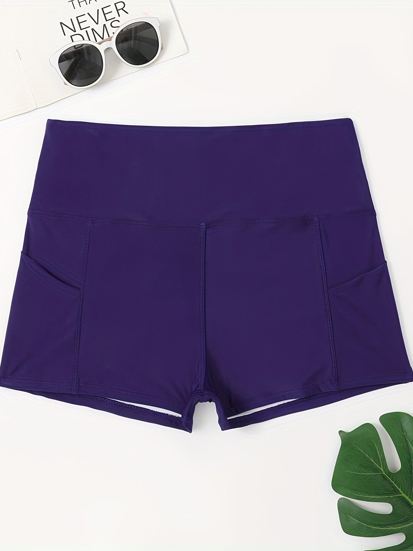 Women's Plus Solid Pipping High Rise Swimsuit Shorts With Pockets