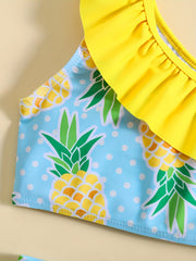 2pcs Girls Ruffled Trim Cami Top & Pineapple Shorts Bikini Set