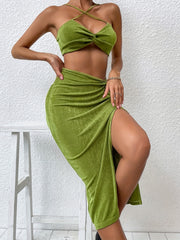 Sexy Twist Sleeveless Top & Split Ruched Skirt Set
