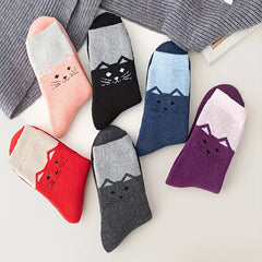 6 Pairs Cartoon Cat Print Socks Women's Stockings & Hosiery