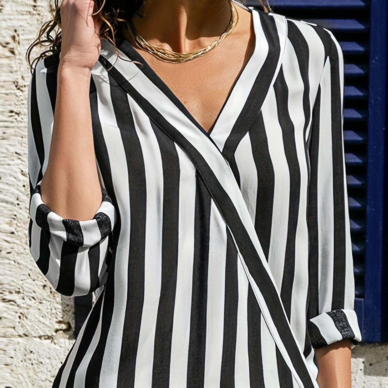 Striped Long Sleeve Surplice Neck Blouse