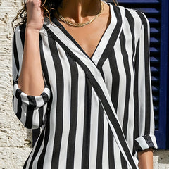 Striped Long Sleeve Surplice Neck Blouse