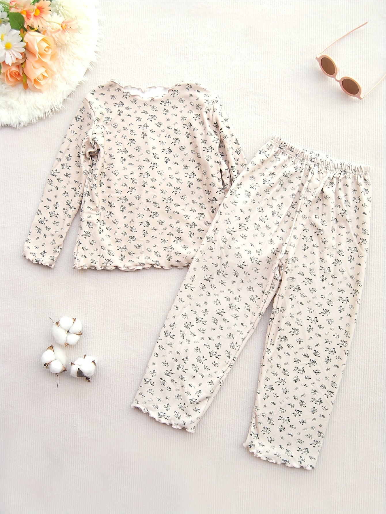 2pcs Floral Pajama Set Long Sleeve Top & Pants Cozy PJ Girl's Loungewear