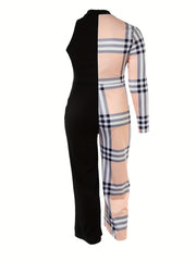 Colorblock Plaid Print One Shoulder Jumpsuit