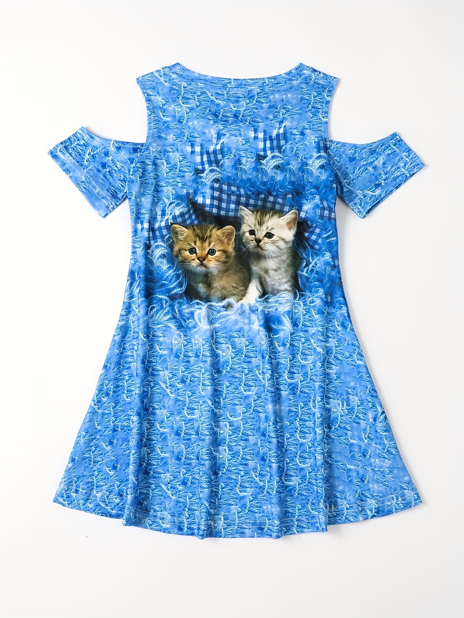 Girls 3D Kitty Graphic Cold Shoulder Dress Sweet Summer Gift