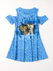 Girls 3D Kitty Graphic Cold Shoulder Dress Sweet Summer Gift