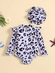 Girls Hat & Swimsuit Set Long Sleeve Zipper Bathing Suit