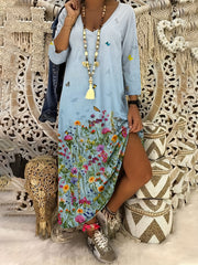 Floral & Butterfly Print Long Sleeve V Neck Maxi Dress