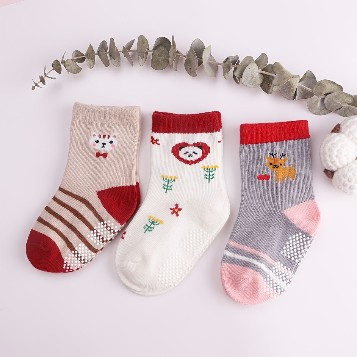 3 Pairs Cartoon Animal Floor Socks Keep Baby Safe & Comfortable