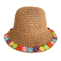 Crochet Bucket Hat Straw Basin Hat Summer Floppy Sun Hats