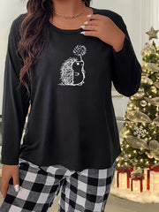 Women's Plus Hedgehog & Dandelion Graphic Long Sleeve Sleepwear Top