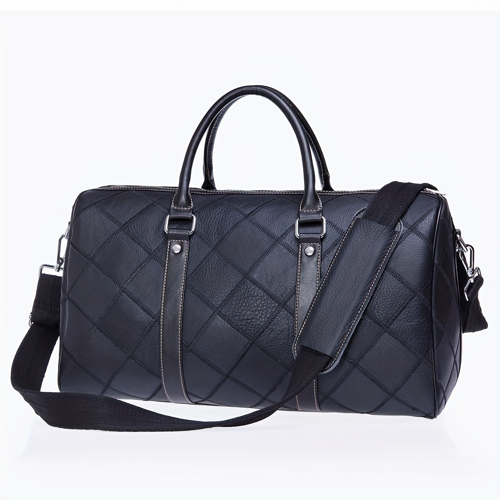 Men's Leather Duffel Bag Vintage Shoulder Bag Plaid Travel Luggage