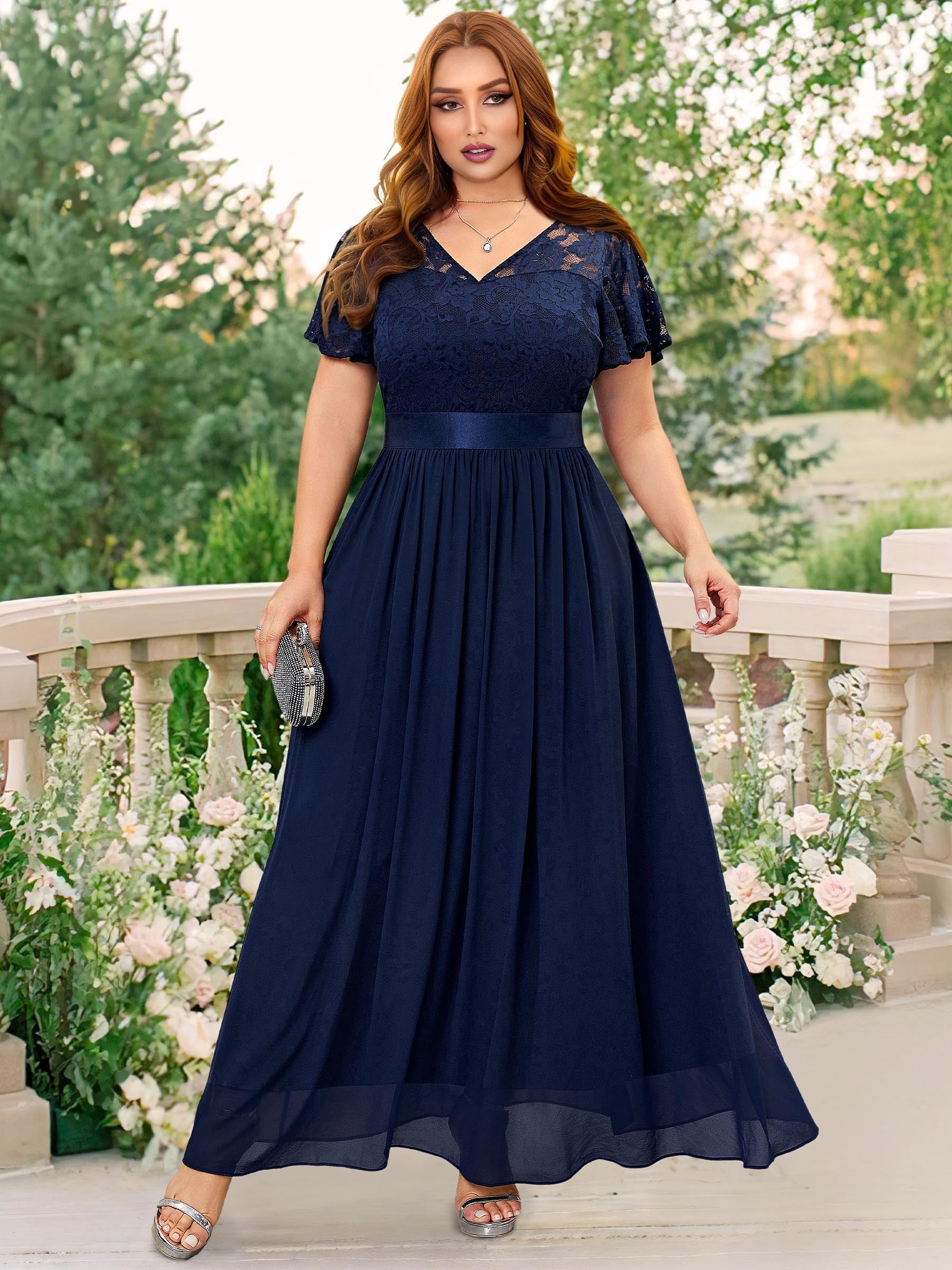Floral Lace Ruffle Sleeve V Neck Evening Dress