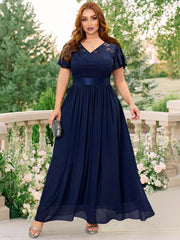 Floral Lace Ruffle Sleeve V Neck Evening Dress
