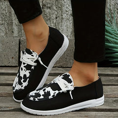 Women's Cow Pattern Patchwork Boat Shoes Lace Up Slip On Canvas Shoes