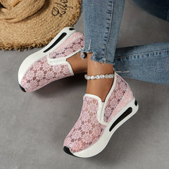 Floral Lace Wedge Slip-On Walking Shoes Casual Sneakers