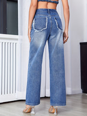 Frayed Patch Pocket Straight Leg Jeans Medium Wash High Rise Casual Denim Pants