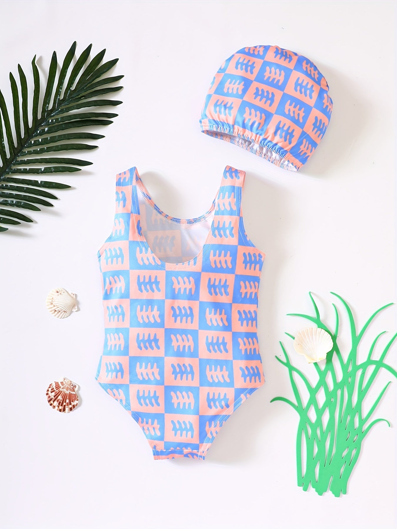 Girl's Unicorn Print Onesie Swimsuit & Cap