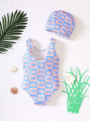 Girl's Unicorn Print Onesie Swimsuit & Cap