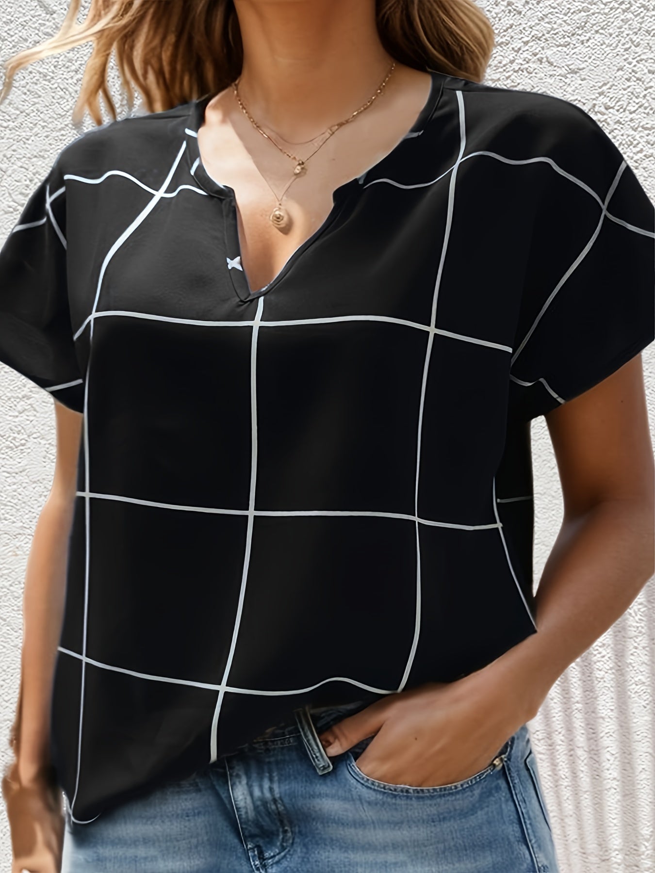 Plaid Print Batwing Sleeve Notched Neck Shirt Top