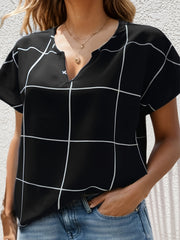 Plaid Print Batwing Sleeve Notched Neck Shirt Top