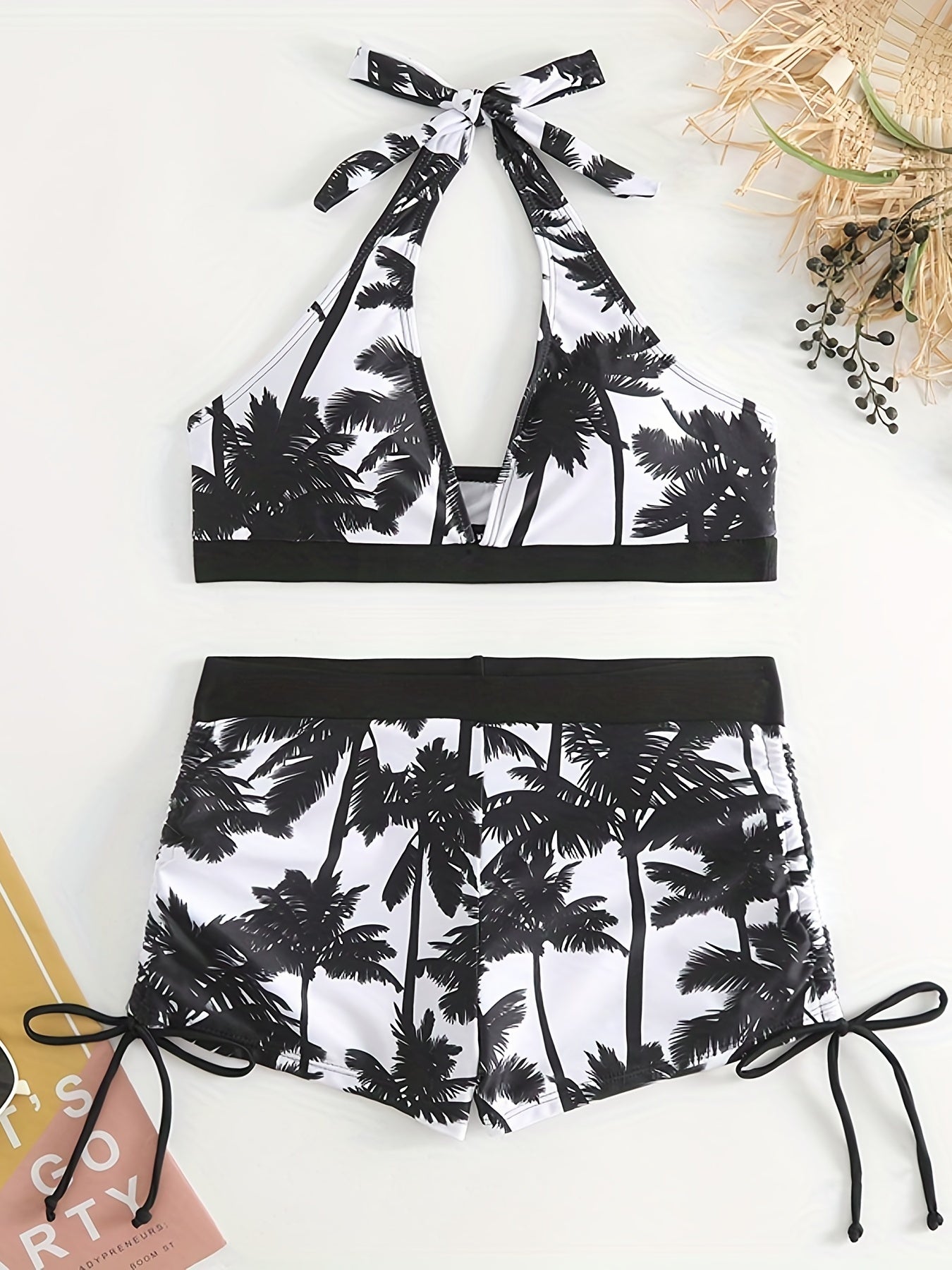 Coconut Tree Print Halter 2 Piece Bikini Set