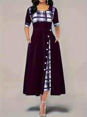 Plaid Print Button Decor Short Sleeve Dress With Pockets