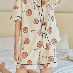 Fruit Print Button Lounge Set Short Sleeve Top & Loose Shorts