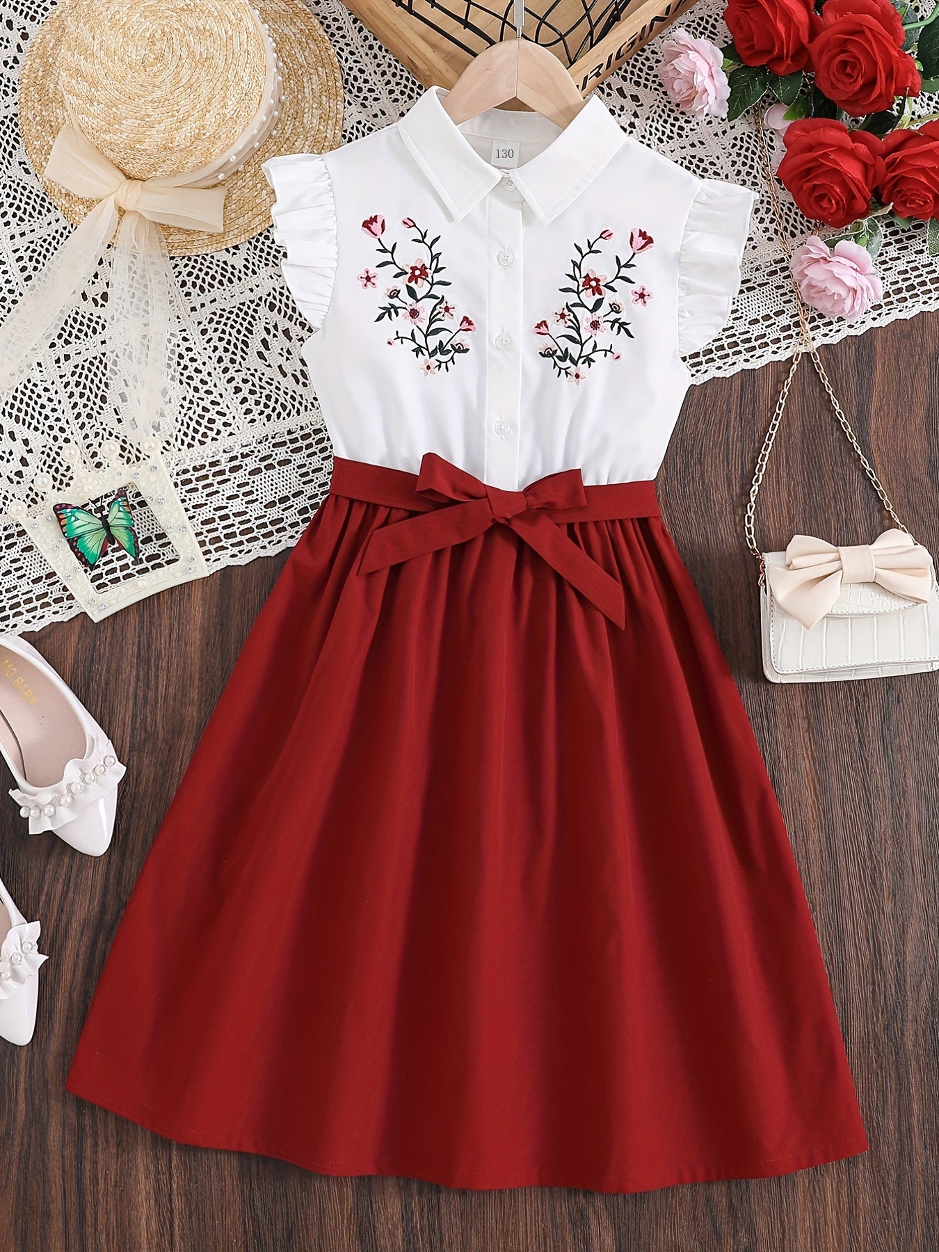 Girls Floral Embroidery Ruffle Trim Button Shirt Dress